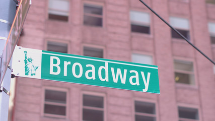 CLOSE UP: Famous Broadway street sign in Manhattan New York financial district © helivideo