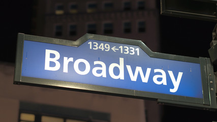 Fototapeta na wymiar CLOSE UP: Blue Broadway road sign with numbers at street corner in New York