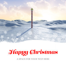 Happy Christmas against snowy land scape with pole