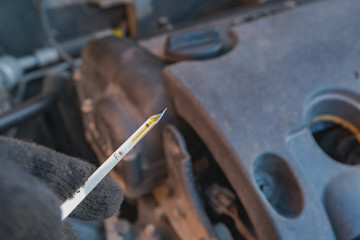 checking the oil level in a car engine