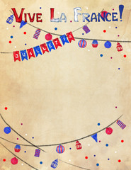Bastille Day Celebration Template. Watercolor Vintage Style Bastille Day Event Background and Printable. Street Lanterns and Flags Decoration for France July 14th. 