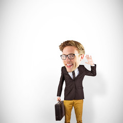 Nerd smiling and waving against white background with vignette