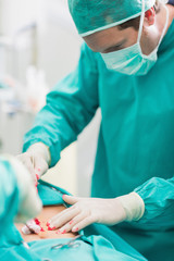Surgeon touching at patient belly