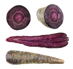 Set of purple carrots isolated on white background. Unpeeled and cut in half carrot