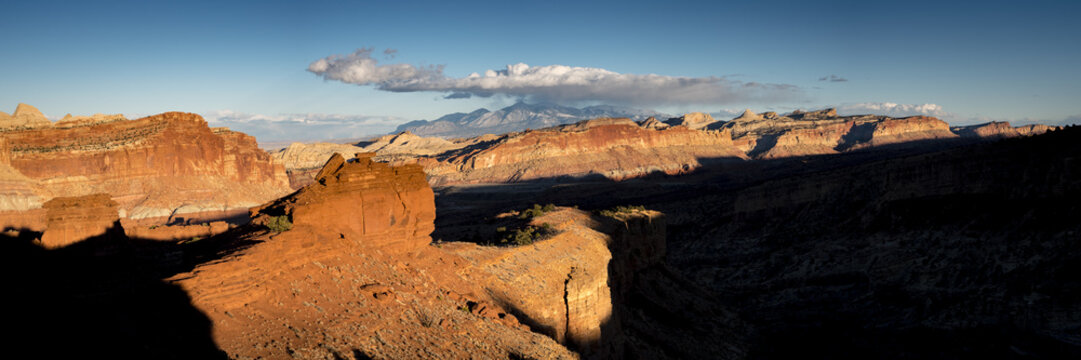viewpoint of capitol reef national park in utah in the spring time with clear blue skies, rock outcrops, canyons, narrows and juniper trees © Andy Morehouse