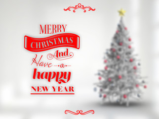 Naklejka na ściany i meble Logo wishing a merry christmas against blurry christmas tree in room