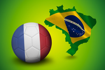 Football in france colours against green brazil outline with flag