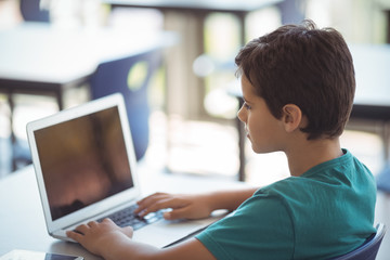 Schoolboy using laptop in classroom