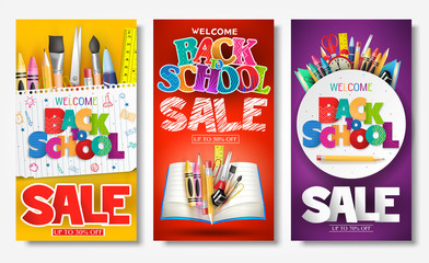 Back to School Sale Creative Ad Banner and Poster Set with Colorful Titles and Different School Items in Different Color Backgrounds for Promotional Purposes
