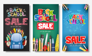 Promotional Vertical Poster and Banner Set with Creative Styles of Back to School Sale Text Titles in Different Colored Backgrounds for Marketing Purposes
