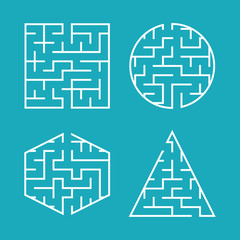 A set of labyrinths for children. A square, a circle, a hexagon, a triangle. A simple flat vector illustration isolated on a blue background.