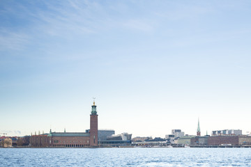 Fototapeta premium Beautiful scenic panorama of the Old City (Gamla Stan) cityscape pier architecture with historic town houses with colored facade in Stockholm, Sweden. Creative landscape photography