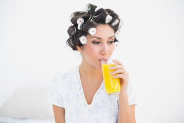 Pretty brunette in hair rollers drinking glass of orange juice