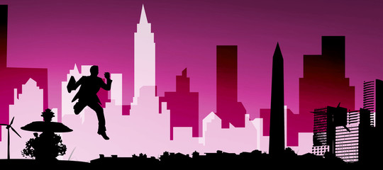 Businessman jumping with briefcase against cityscape stencil design