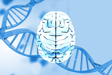 brain against medical background with blue dna helix