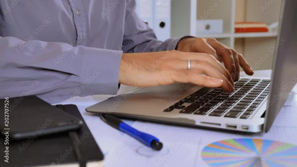 Aufkleber close up details married man working on laptop. fingers businessman entering data on computer. entrepreneur white desk with paper document different financial charts graphics and tables