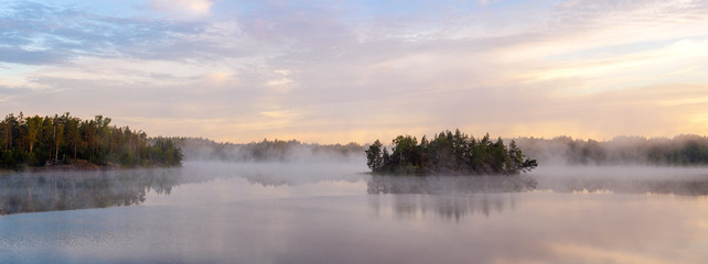 Fototapeta na wymiar forest lake with a fog
