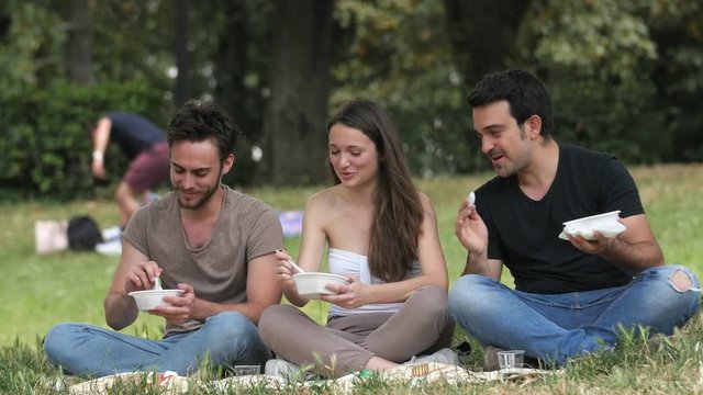 chat, relax, food,nature-relaxed happy friends making picnic