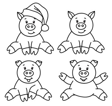 Vector pig cartoons, black silhouettes isolated on white.