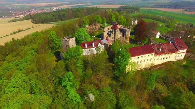 Drone flight around of Klenova castle was built in 1291 as a part of the frontier defence system. Aerial view of famous Czech landmark. European monuments from above.