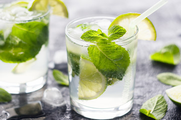 Mojito cocktail with lime and mint in glass at sunlight. Closeup photo.