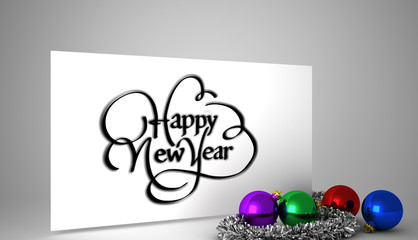 Happy new year against poster with colourful christmas decorations