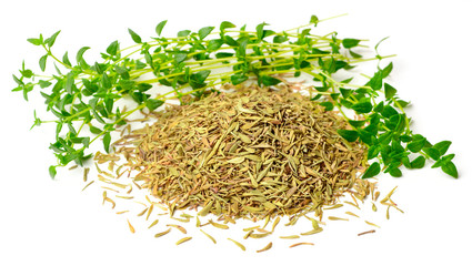 dried thyme leaves with fresh thyme isolated on white