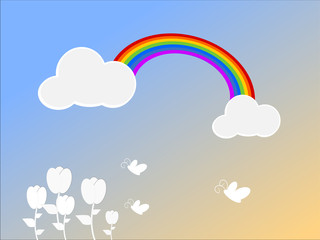 beautiful rainbow with cloud and white flower ,illustration,vector.