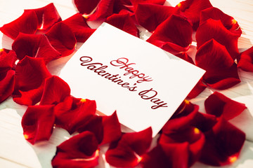 Cute valentines message against card surrounded by rose petals