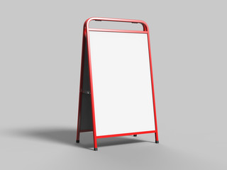 Blank full handle metallic outdoor advertising stand isolated, Clear street signage board mock up. Round Corner A-board with metal frame template. 3d rendering.