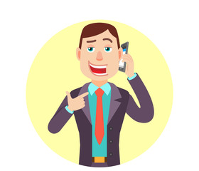 Businessman pointing his finger at the mobile phone that he talks