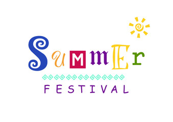 Illustration for Summer festival with different colorful letters, ornament and sun isolated on white background for advertisement, poster, banner, placard, handbill, invitation card, decoration