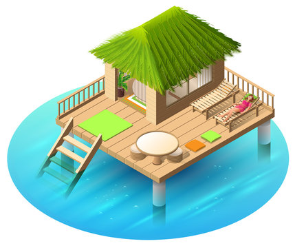 Tropical bungalow on water and woman lies in deckchair