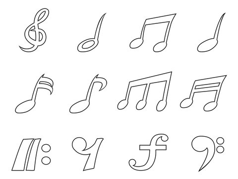 isolated black music note outline icons set