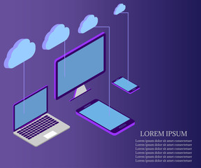 laptop, pc, tablet, phone,3D Isometric, cloud 1 violet