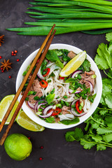 Vietnamese Beef Noodle Soup Pho Bo with beef on dark background - 202722325