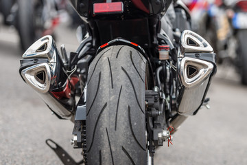 Fototapeta premium RIGA, LATVIA - APRIL 28, 2018: 2018 Moto Season Opening Event. A close-up of the most interesting details and attributes of motorcycles parked at the parade.