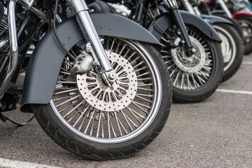 Obraz premium RIGA, LATVIA - APRIL 28, 2018: 2018 Moto Season Opening Event. A close-up of the most interesting details and attributes of motorcycles parked at the parade.