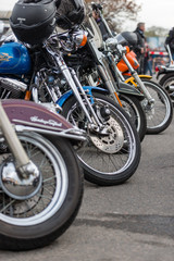 Fototapeta na wymiar RIGA, LATVIA - APRIL 28, 2018: 2018 Moto Season Opening Event. A close-up of the most interesting details and attributes of motorcycles parked at the parade.