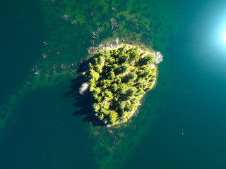Immergrüne Bauminsel im pazifischen Nordwesten von oben Ruhiges Wasser