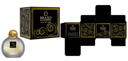 Packaging design, Label on cosmetic container with black and gold luxury box template and mockup box. illustration vector.
