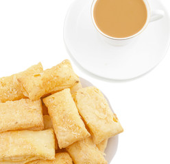 Indian Tea Time Breakfast Khari Also Know as Kharee, Khari Biscuit or Salty Puff Pastry Snacks, Served with Indian Hot Masala Chai or Hot Tea Isolated on White Background