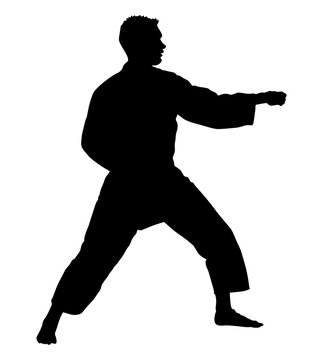 Karate man fighter in kimono, vector silhouette illustration. Black belt category. Karate man vector silhouette.