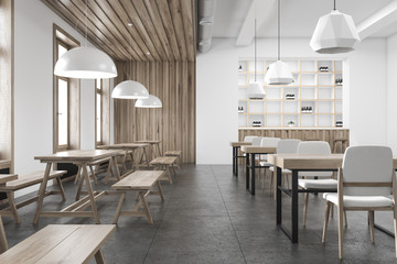 Interior of a wooden and white bar