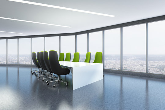 Panoramic meeting room, green chairs