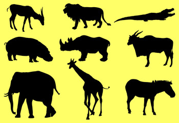 African animals big group vector silhouette illustration. lion, elephant, hippo, giraffe, crocodile, zebra, antelope, gazelle,rhino. Savanna wildlife animals.