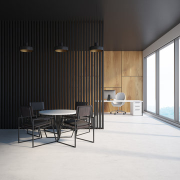 Black and wooden wall office waiting area