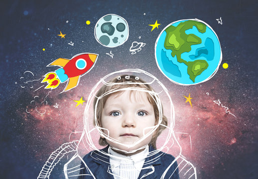 Cute little boy in astronaut suit in doodle space