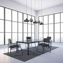 Corner of a modern gray panoramic dining room