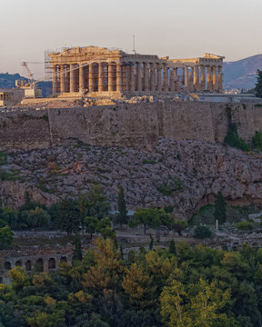Athens Greece, Parthenon ancient temple on Acropolis hill during the golden hour